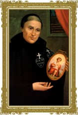 A painting of Blessed Lorenzo Maria Salvi in a black robe, holding an oval portrait of a child in a red garment, framed by ornate gold edges.