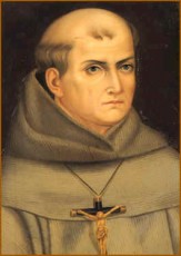 The painting depicts a monk, resembling the blessed Junipero Serra, wearing a brown robe and a crucifix necklace, set against a dark background.