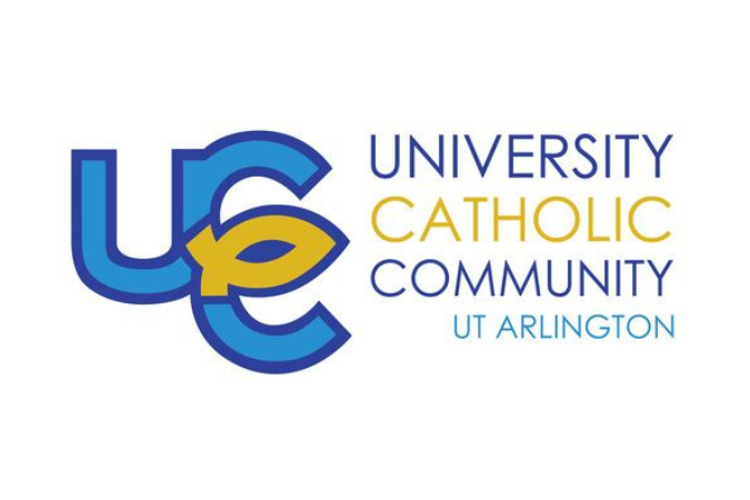 Logo featuring University Catholic Community UT Arlington with a stylized fish symbol, embodying the spirit of Campus Ministry.